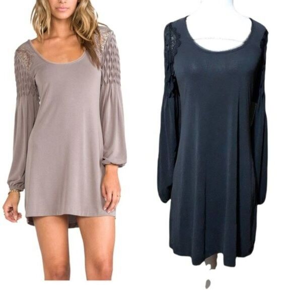 Free People Jessie's Peasant Sleeve Women's Mini Dress Black Honeycomb Detail Sz - Picture 1 of 11